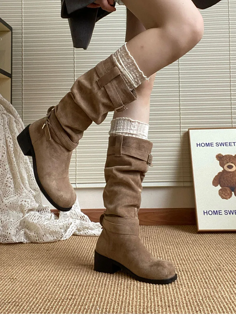 Platform Thick Heel Women Western Cowboy Boots Fashion Slip On Folded Pile Long Booties Female Shoes Autumn Winter