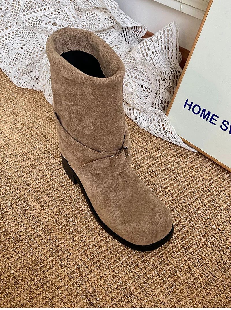 Platform Thick Heel Women Western Cowboy Boots Fashion Slip On Folded Pile Long Booties Female Shoes Autumn Winter