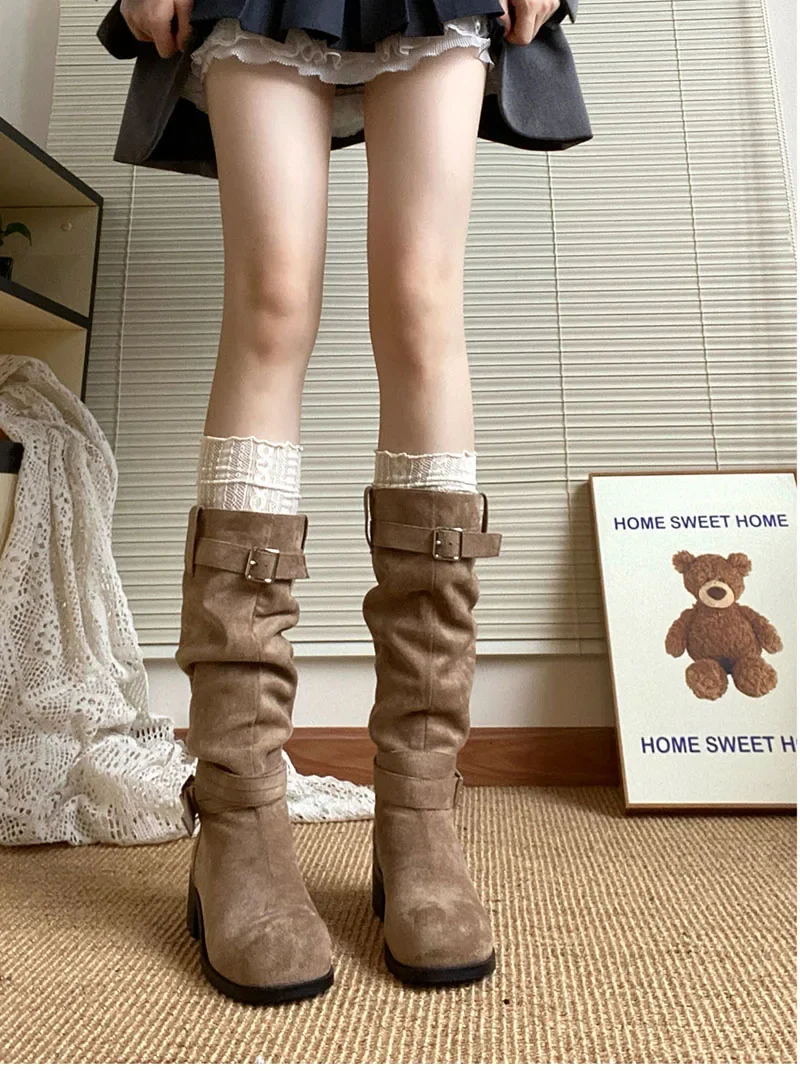 Platform Thick Heel Women Western Cowboy Boots Fashion Slip On Folded Pile Long Booties Female Shoes Autumn Winter