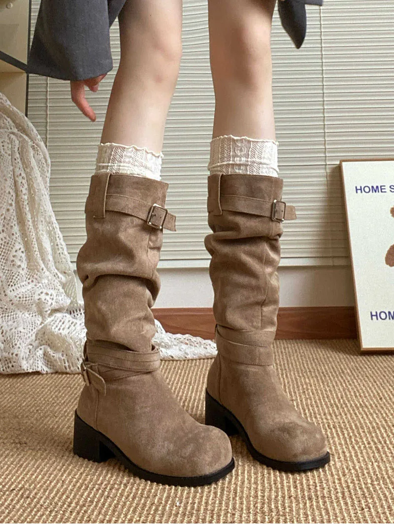 Platform Thick Heel Women Western Cowboy Boots Fashion Slip On Folded Pile Long Booties Female Shoes Autumn Winter