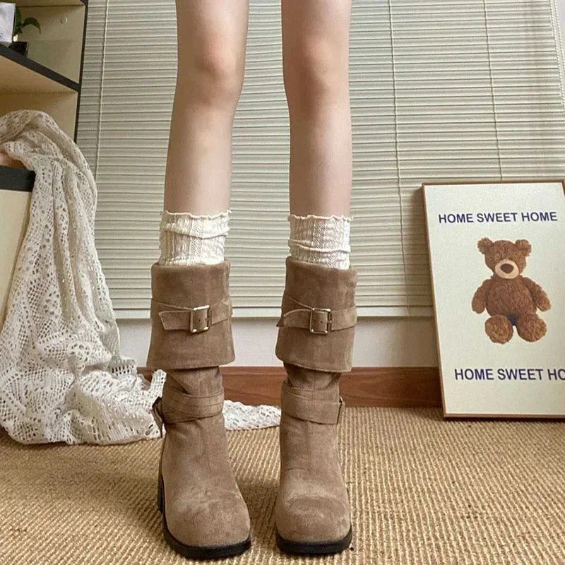 Platform Thick Heel Women Western Cowboy Boots Fashion Slip On Folded Pile Long Booties Female Shoes Autumn Winter