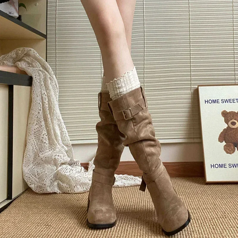 Platform Thick Heel Women Western Cowboy Boots Fashion Slip On Folded Pile Long Booties Female Shoes Autumn Winter