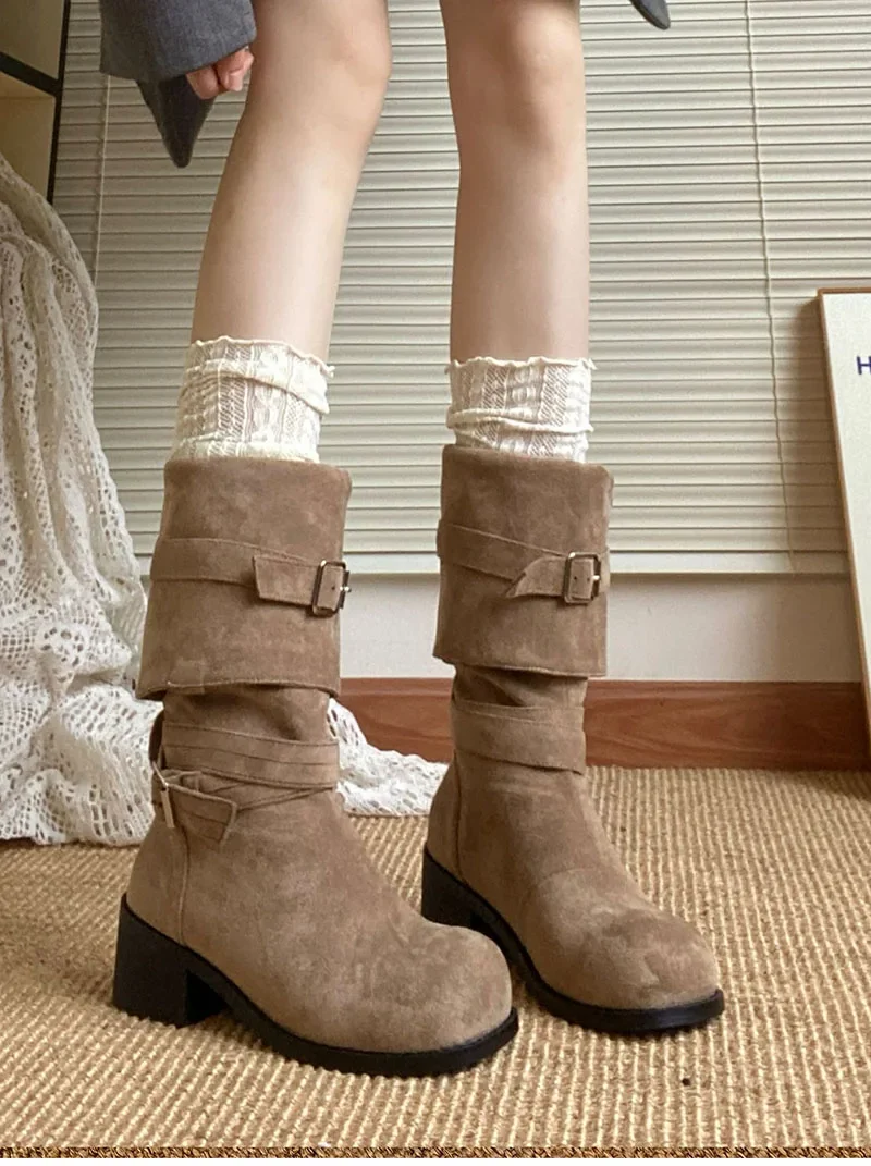 Platform Thick Heel Women Western Cowboy Boots Fashion Slip On Folded Pile Long Booties Female Shoes Autumn Winter