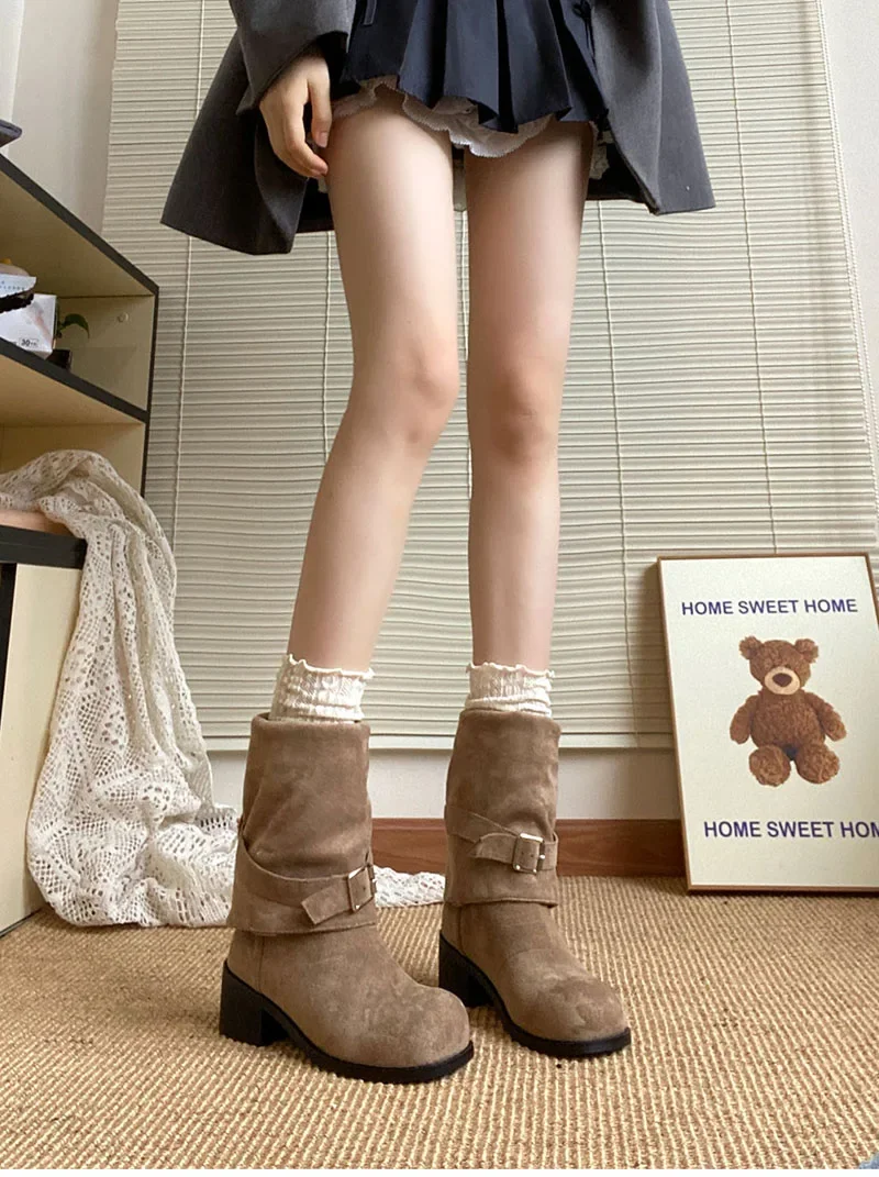 Platform Thick Heel Women Western Cowboy Boots Fashion Slip On Folded Pile Long Booties Female Shoes Autumn Winter