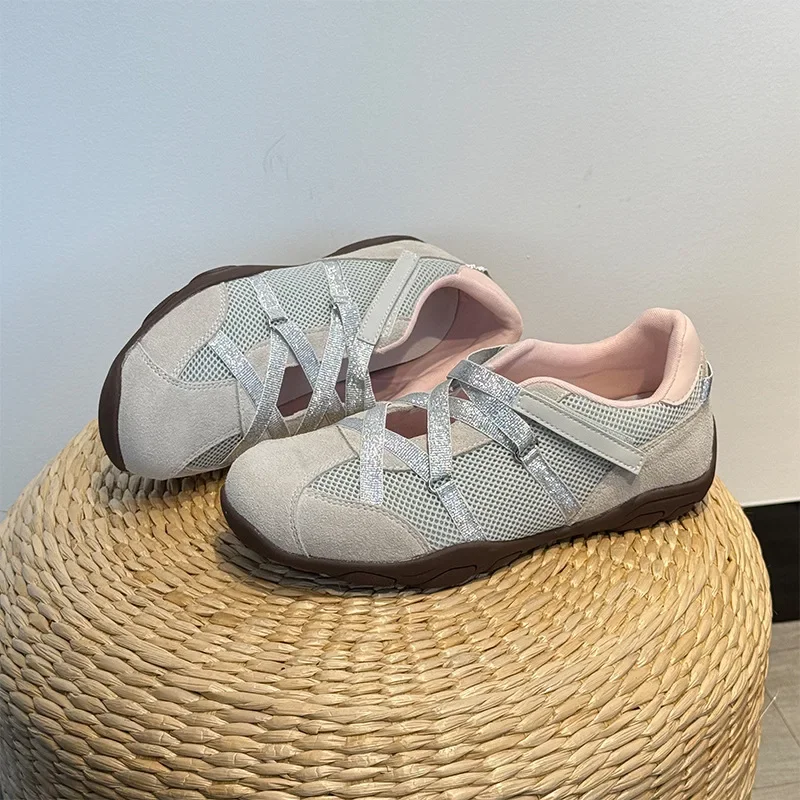 Leather Mary Jane Sports Shoes for Women Breathable Mesh Cross Strap Functional Style Casual Shoes Rubber Sole Comfortable