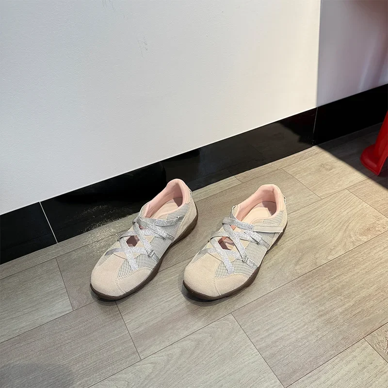 Leather Mary Jane Sports Shoes for Women Breathable Mesh Cross Strap Functional Style Casual Shoes Rubber Sole Comfortable