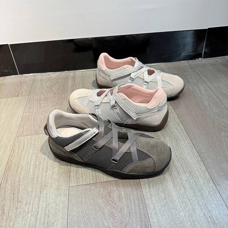 Leather Mary Jane Sports Shoes for Women Breathable Mesh Cross Strap Functional Style Casual Shoes Rubber Sole Comfortable