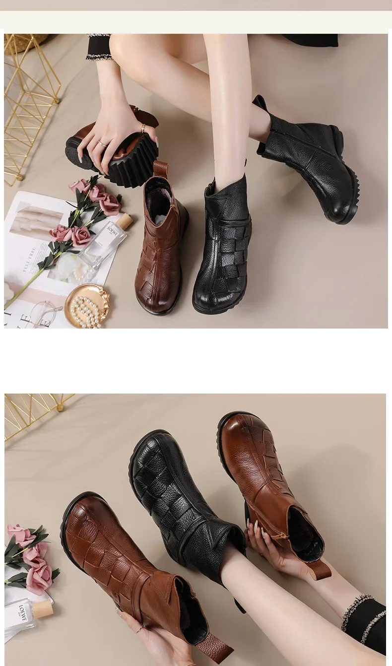 Vintage Handmade Brown Sneakers Woman Retro Ankle Leather Boots New Autumn Winter Cowhide Leather Booty Desginer Fur Boots