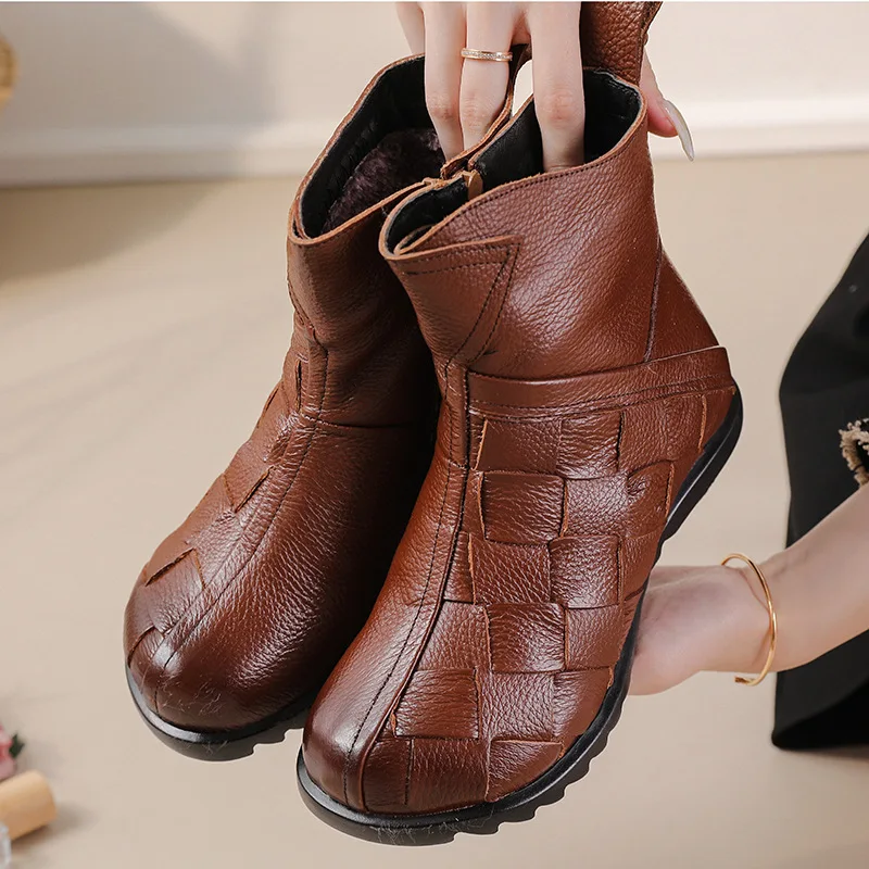 Vintage Handmade Brown Sneakers Woman Retro Ankle Leather Boots New Autumn Winter Cowhide Leather Booty Desginer Fur Boots Vintage Handmade Brown Sneakers Woman Retro Ankle Leather Boots New Autumn Winter Cowhide Leather Booty Desginer Fur Boots