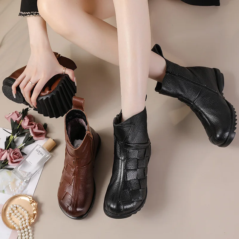 Vintage Handmade Brown Sneakers Woman Retro Ankle Leather Boots New Autumn Winter Cowhide Leather Booty Desginer Fur Boots Vintage Handmade Brown Sneakers Woman Retro Ankle Leather Boots New Autumn Winter Cowhide Leather Booty Desginer Fur Boots
