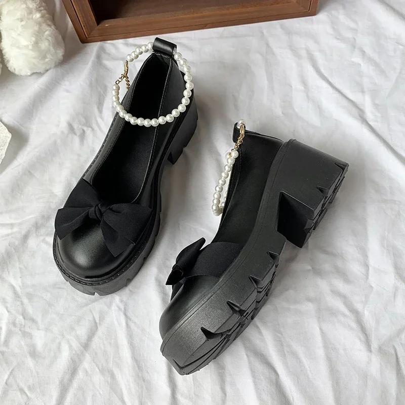 New Sexy Fashionable Elegant Shallow Mouth Round Toe Square Heel Thick Sole Casual Solid Color Bow Women's Shoes