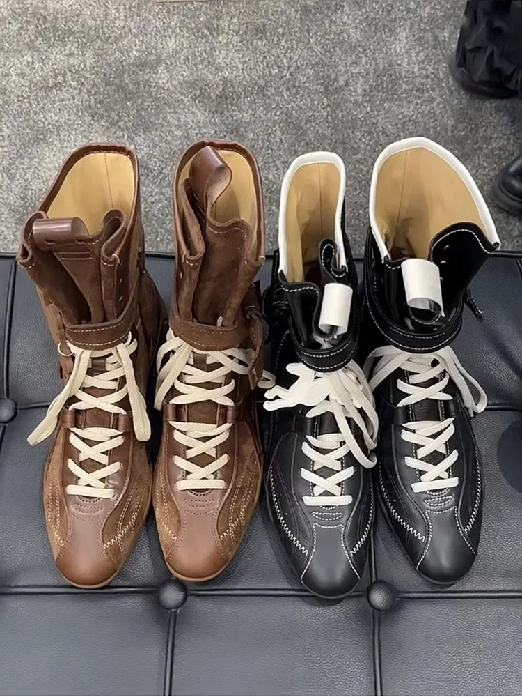 Fashionable Soft Leather Mid-Calf Boxing Boots Women's Hot Sale Of The Season New Retro Style Increased Height PU Lined Flat Bot