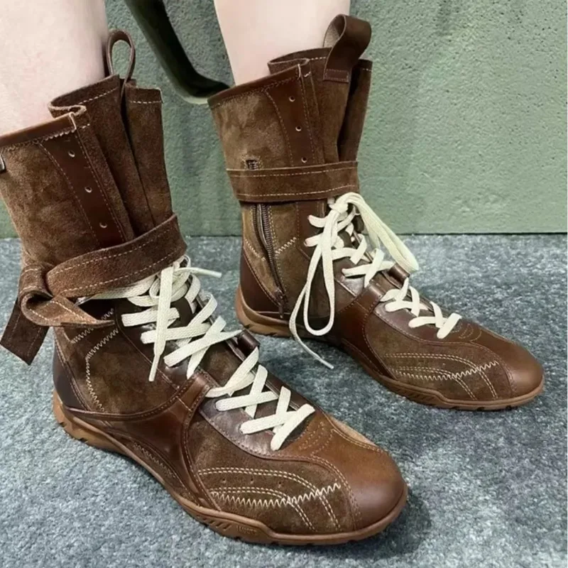 Fashionable Soft Leather Mid-Calf Boxing Boots Women's Hot Sale Of The Season New Retro Style Increased Height PU Lined Flat Bot