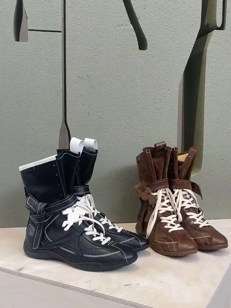 Fashionable Soft Leather Mid-Calf Boxing Boots Women's Hot Sale Of The Season New Retro Style Increased Height PU Lined Flat Bot