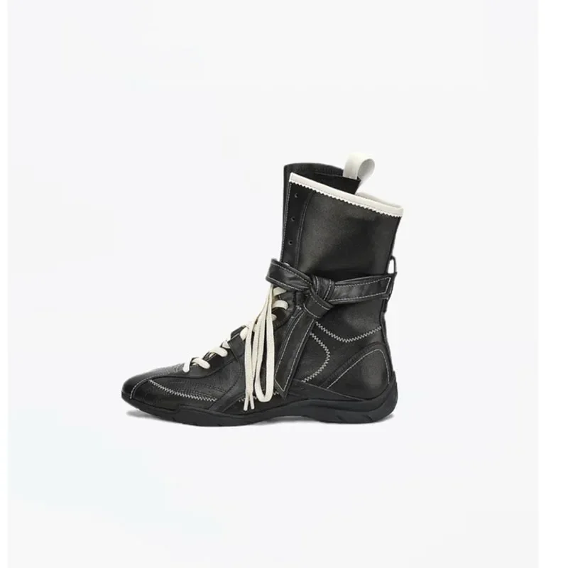 Fashionable Soft Leather Mid-Calf Boxing Boots Women's Hot Sale Of The Season New Retro Style Increased Height PU Lined Flat Bot