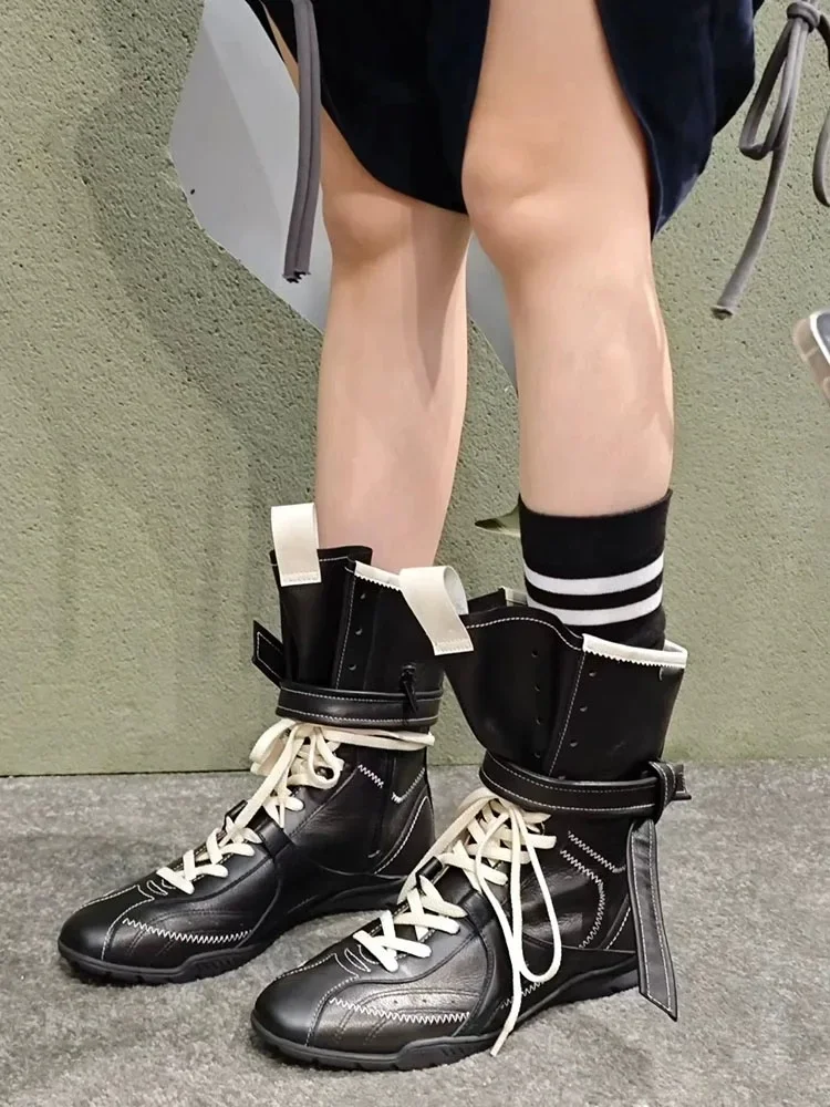 Fashionable Soft Leather Mid-Calf Boxing Boots Women's Hot Sale Of The Season New Retro Style Increased Height PU Lined Flat Bot