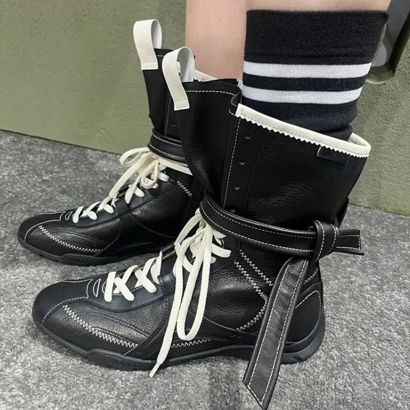 Fashionable Soft Leather Mid-Calf Boxing Boots Women's Hot Sale Of The Season New Retro Style Increased Height PU Lined Flat Bot