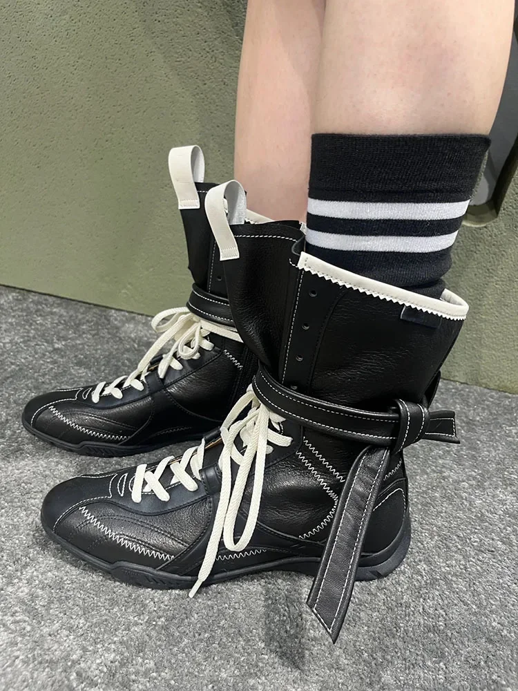 Fashionable Soft Leather Mid-Calf Boxing Boots Women's Hot Sale Of The Season New Retro Style Increased Height PU Lined Flat Bot