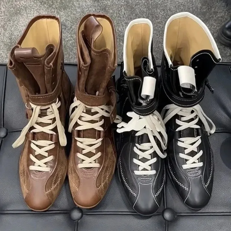 Fashionable Soft Leather Mid-Calf Boxing Boots Women's Hot Sale Of The Season New Retro Style Increased Height PU Lined Flat Bot