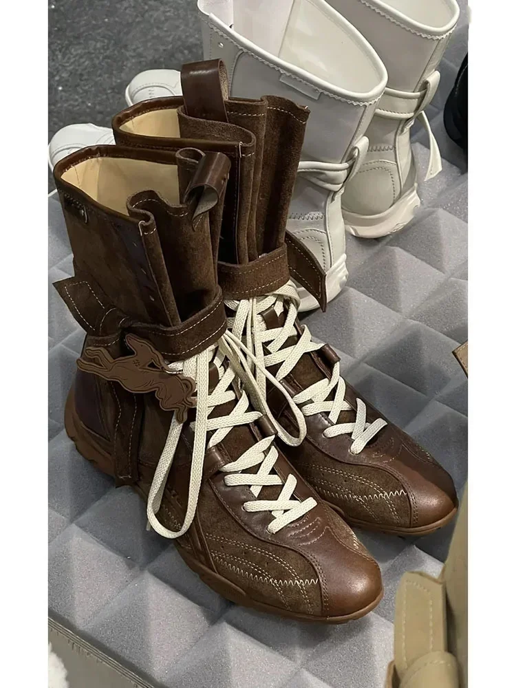 Fashionable Soft Leather Mid-Calf Boxing Boots Women's Hot Sale Of The Season New Retro Style Increased Height PU Lined Flat Bot