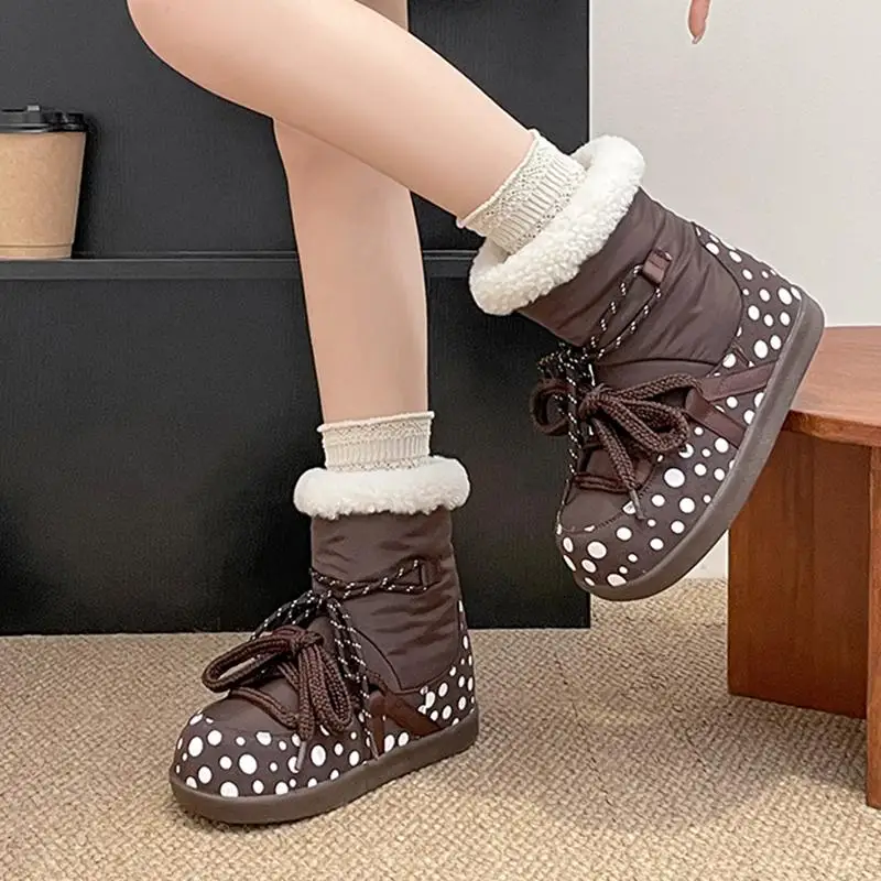 Sweet Polka Dot Waterproof Fabric Snow Boots Women Winter Warm Plush Lace Up Ankle Boots Woman's Furry Short Booties