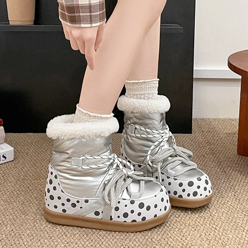 Sweet Polka Dot Waterproof Fabric Snow Boots Women Winter Warm Plush Lace Up Ankle Boots Woman's Furry Short Booties