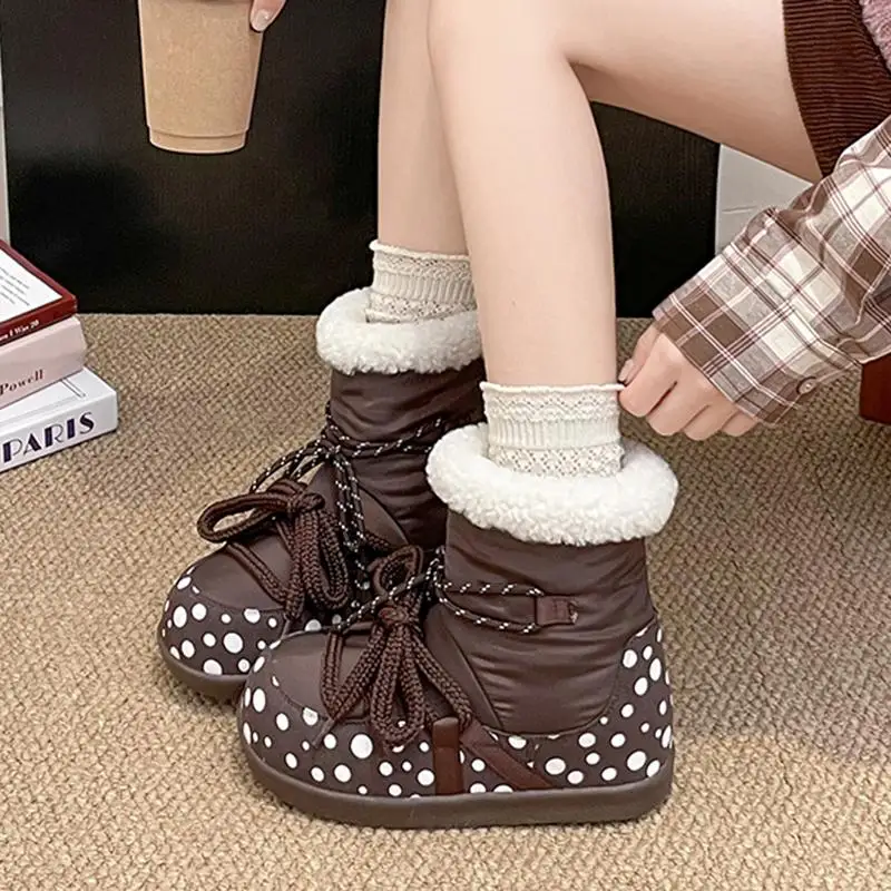 Sweet Polka Dot Waterproof Fabric Snow Boots Women Winter Warm Plush Lace Up Ankle Boots Woman's Furry Short Booties