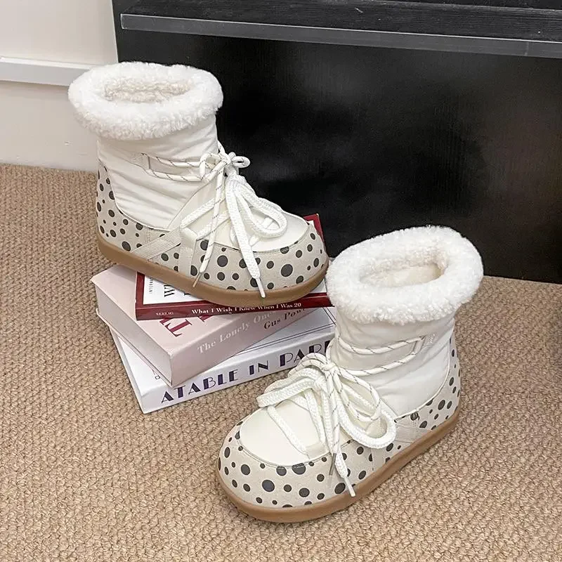 Sweet Polka Dot Waterproof Fabric Snow Boots Women Winter Warm Plush Lace Up Ankle Boots Woman's Furry Short Booties