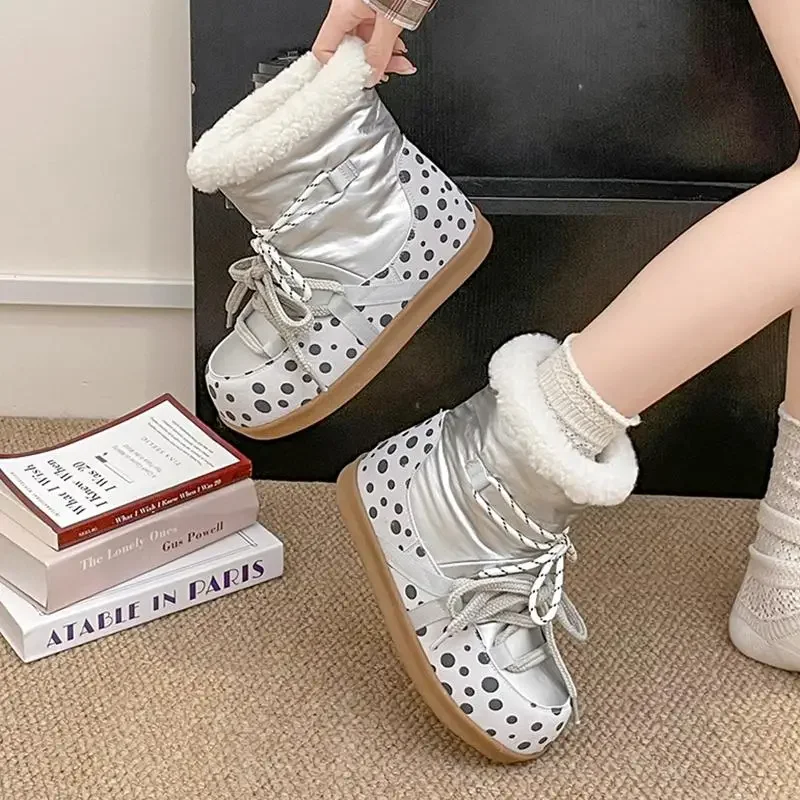 Sweet Polka Dot Waterproof Fabric Snow Boots Women Winter Warm Plush Lace Up Ankle Boots Woman's Furry Short Booties