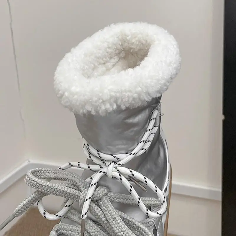 Sweet Polka Dot Waterproof Fabric Snow Boots Women Winter Warm Plush Lace Up Ankle Boots Woman's Furry Short Booties