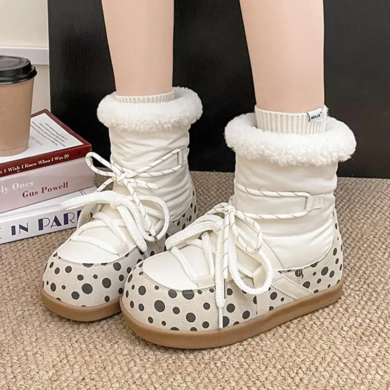 Sweet Polka Dot Waterproof Fabric Snow Boots Women Winter Warm Plush Lace Up Ankle Boots Woman's Furry Short Booties