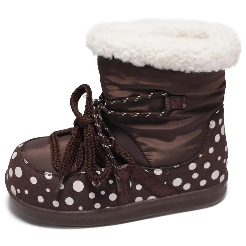 Sweet Polka Dot Waterproof Fabric Snow Boots Women Winter Warm Plush Lace Up Ankle Boots Woman's Furry Short Booties