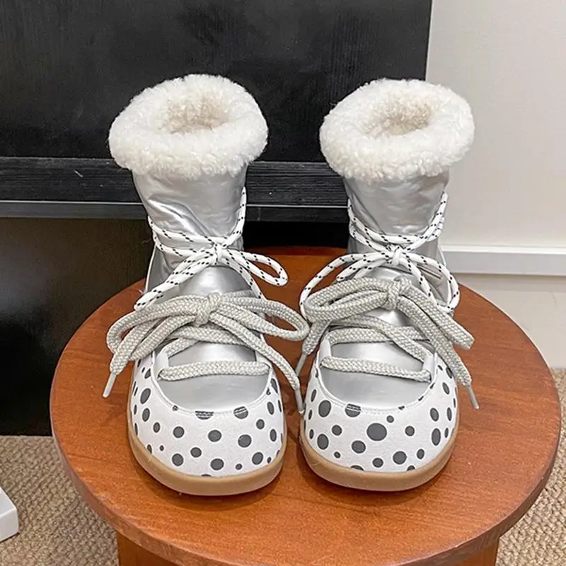 Sweet Polka Dot Waterproof Fabric Snow Boots Women Winter Warm Plush Lace Up Ankle Boots Woman's Furry Short Booties