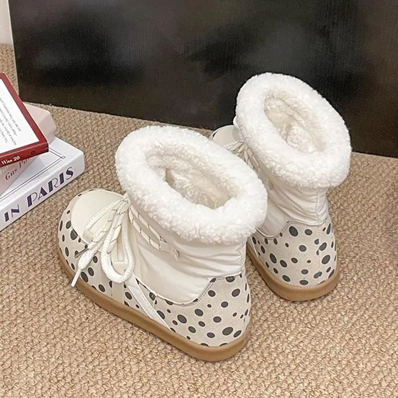 Sweet Polka Dot Waterproof Fabric Snow Boots Women Winter Warm Plush Lace Up Ankle Boots Woman's Furry Short Booties