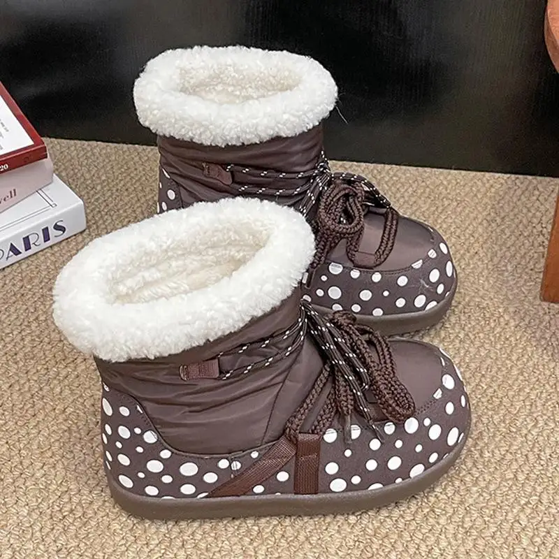 Sweet Polka Dot Waterproof Fabric Snow Boots Women Winter Warm Plush Lace Up Ankle Boots Woman's Furry Short Booties