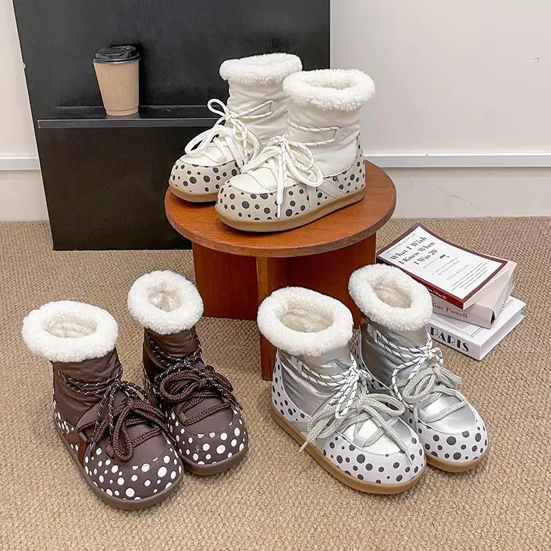 Sweet Polka Dot Waterproof Fabric Snow Boots Women Winter Warm Plush Lace Up Ankle Boots Woman's Furry Short Booties