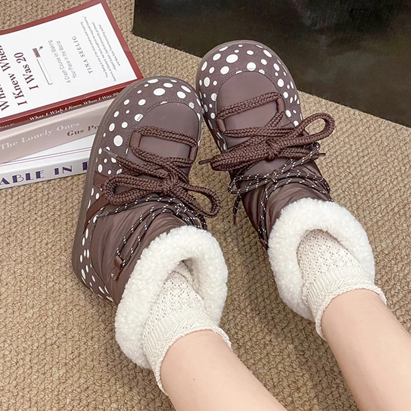 Sweet Polka Dot Waterproof Fabric Snow Boots Women Winter Warm Plush Lace Up Ankle Boots Woman's Furry Short Booties