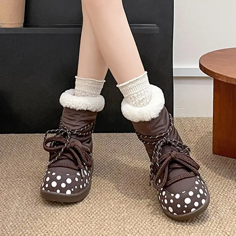 Sweet Polka Dot Waterproof Fabric Snow Boots Women Winter Warm Plush Lace Up Ankle Boots Woman's Furry Short Booties