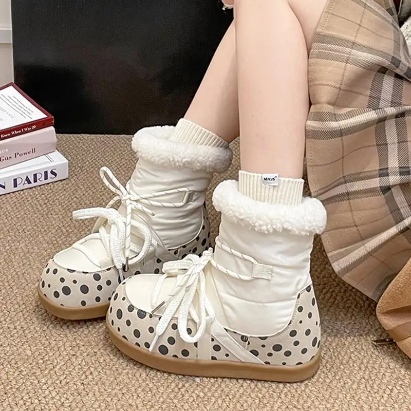 Sweet Polka Dot Waterproof Fabric Snow Boots Women Winter Warm Plush Lace Up Ankle Boots Woman's Furry Short Booties
