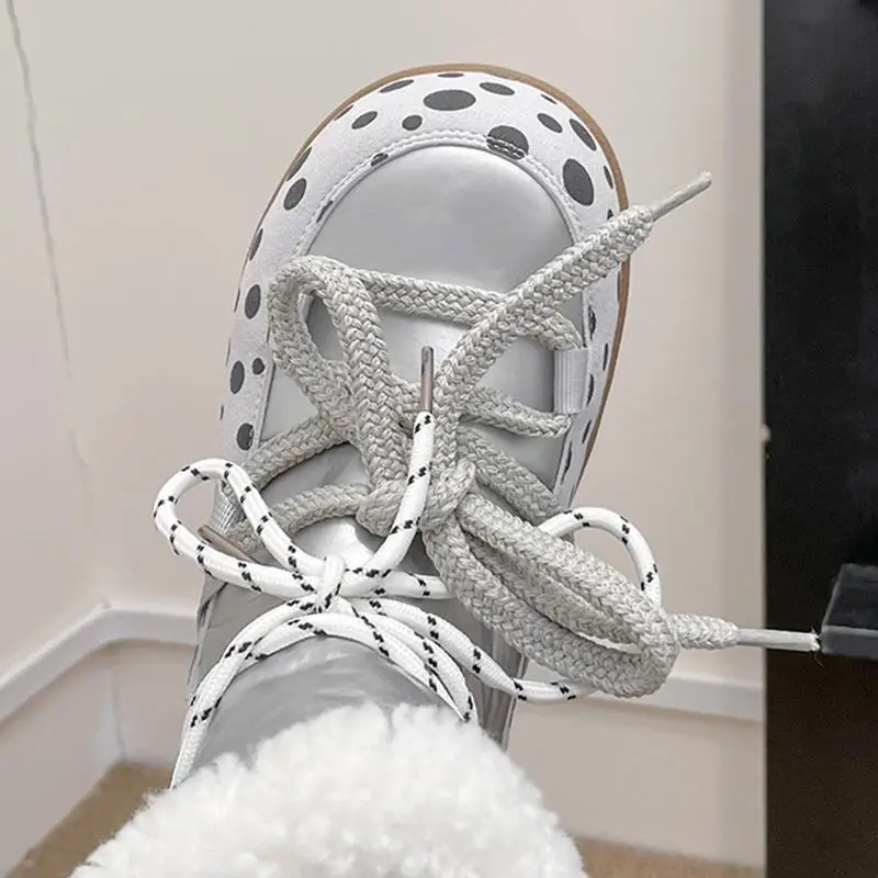 Sweet Polka Dot Waterproof Fabric Snow Boots Women Winter Warm Plush Lace Up Ankle Boots Woman's Furry Short Booties