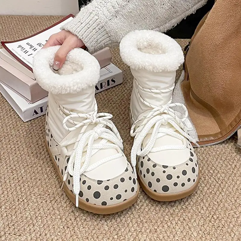 Sweet Polka Dot Waterproof Fabric Snow Boots Women Winter Warm Plush Lace Up Ankle Boots Woman's Furry Short Booties