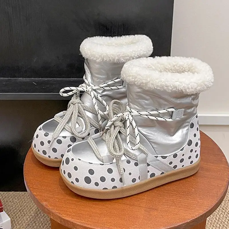 Sweet Polka Dot Waterproof Fabric Snow Boots Women Winter Warm Plush Lace Up Ankle Boots Woman's Furry Short Booties