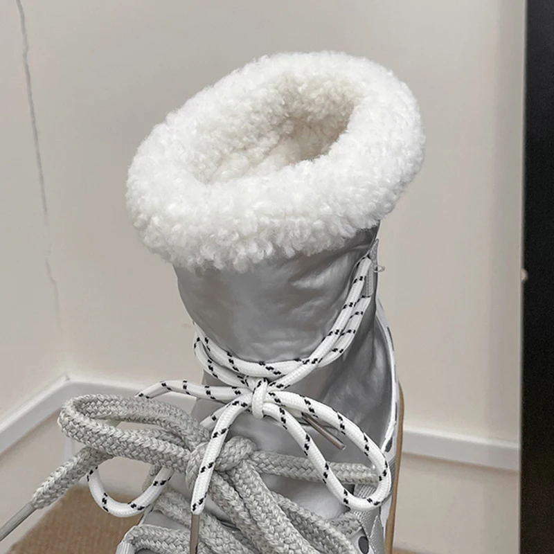 Sweet Polka Dot Waterproof Fabric Snow Boots Women Winter Warm Plush Lace Up Ankle Boots Woman's Furry Short Booties