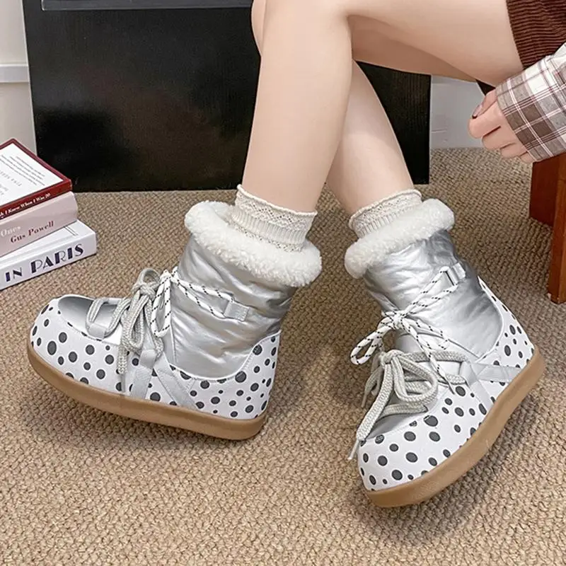 Sweet Polka Dot Waterproof Fabric Snow Boots Women Winter Warm Plush Lace Up Ankle Boots Woman's Furry Short Booties