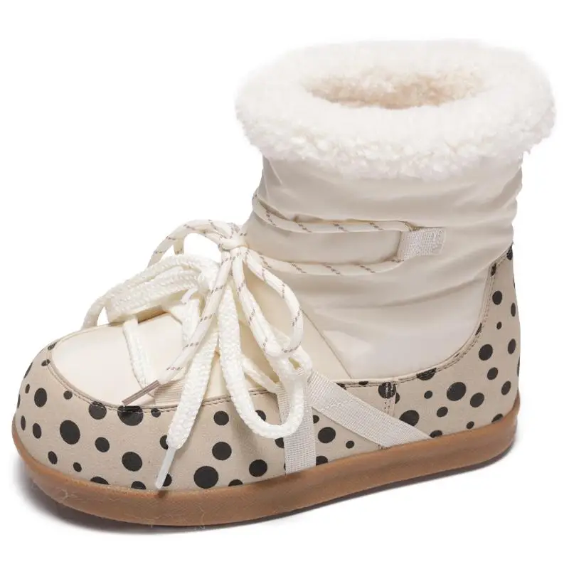 Sweet Polka Dot Waterproof Fabric Snow Boots Women Winter Warm Plush Lace Up Ankle Boots Woman's Furry Short Booties