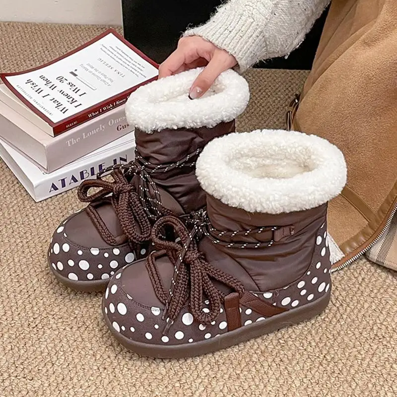 Sweet Polka Dot Waterproof Fabric Snow Boots Women Winter Warm Plush Lace Up Ankle Boots Woman's Furry Short Booties