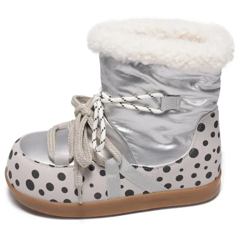 Sweet Polka Dot Waterproof Fabric Snow Boots Women Winter Warm Plush Lace Up Ankle Boots Woman's Furry Short Booties