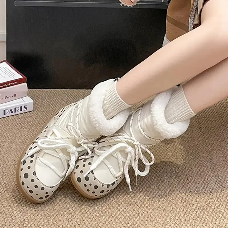 Sweet Polka Dot Waterproof Fabric Snow Boots Women Winter Warm Plush Lace Up Ankle Boots Woman's Furry Short Booties