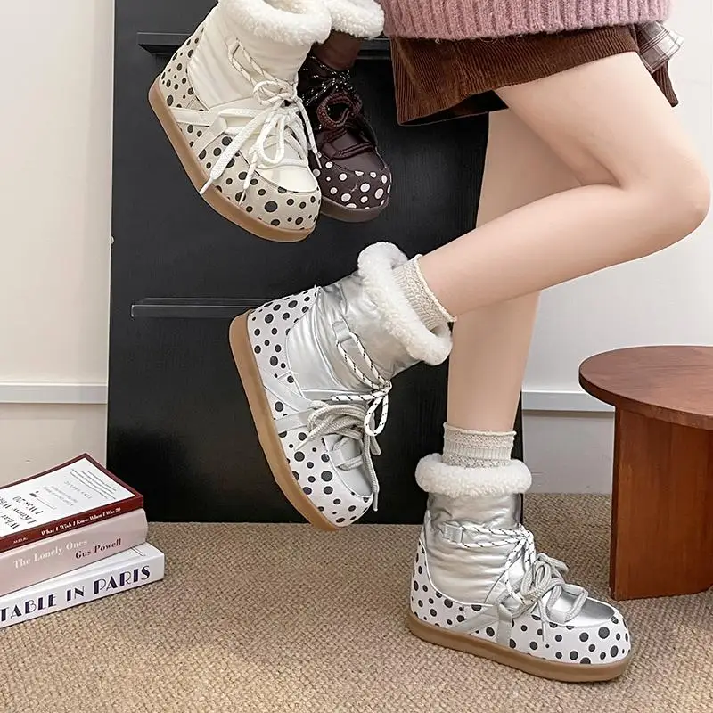 Sweet Polka Dot Waterproof Fabric Snow Boots Women Winter Warm Plush Lace Up Ankle Boots Woman's Furry Short Booties