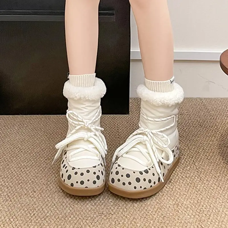 Sweet Polka Dot Waterproof Fabric Snow Boots Women Winter Warm Plush Lace Up Ankle Boots Woman's Furry Short Booties